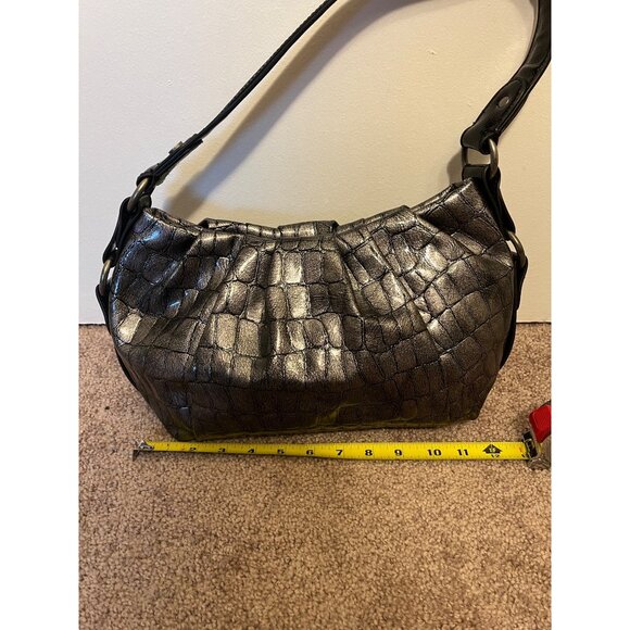 Simply Vera Wang Metallic Croc Embossed Shoulder Bag Black Strap Hobo Purse - Picture 7 of 10
